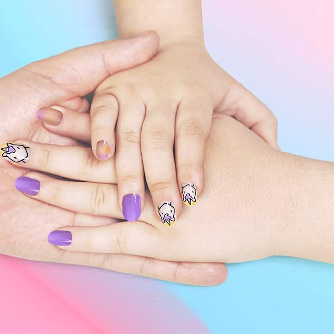 Allstarry 120pcs 5 pack Children Nails Press on Pre-glue Full Cover Glitter Gradient Color Rainbow Short False Nail Kits Lovely Gift for Children Little Girls Nail Art Decoration - Purple Unicorn