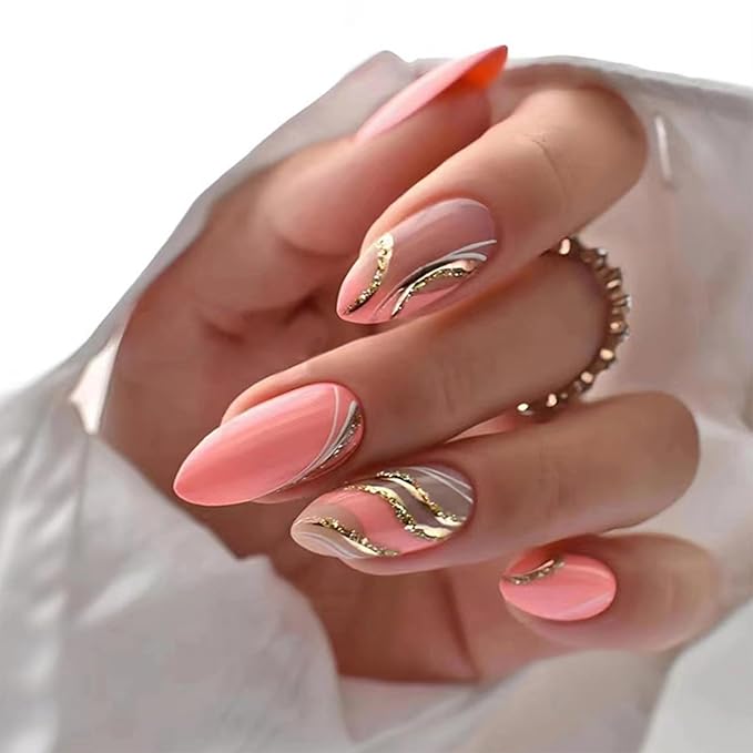 Pink Press on Nails Almond Medium Fake Nails with Design Gold Swirl False Nails Press ons Acrylic Glue on Nails Cute Glossy Full Cover Artificial Stick on Nail for Women Manicure 24Pcs