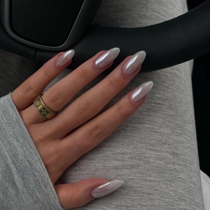 Medium Press on Nails Almond - Chrome White Fake Nails - Solid Color Full Cover Stick on False Nail - for Women 24 Pcs