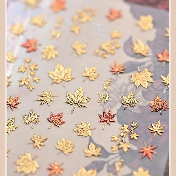 Maple Leaves Nail Stickers 3D Self Adhesive Gold Nail Art Stickers 5D Embossed Colorful Leaf Nail Decals Fall Autumn Nail Designs Cute Yellow Nail Art Supplies for Women Girls 1 Sheet