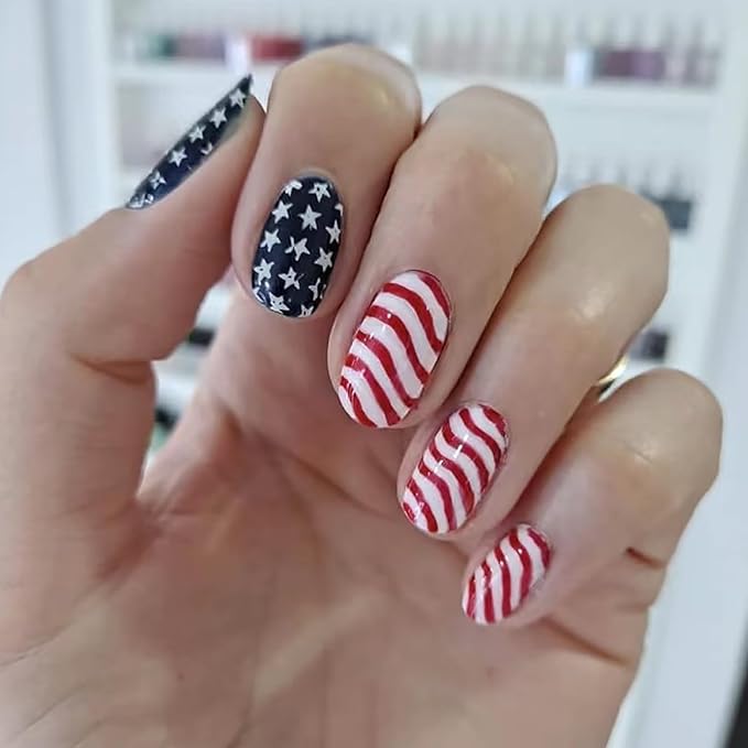 4th of July Press on Nails Short Square America Flag Fake Nails Full Cover Striped Stars False Nails with Designs Glossy Glue on Nails USA Acrylic Nails Handmade Acrylic Nails for Women Girls 24Pcs