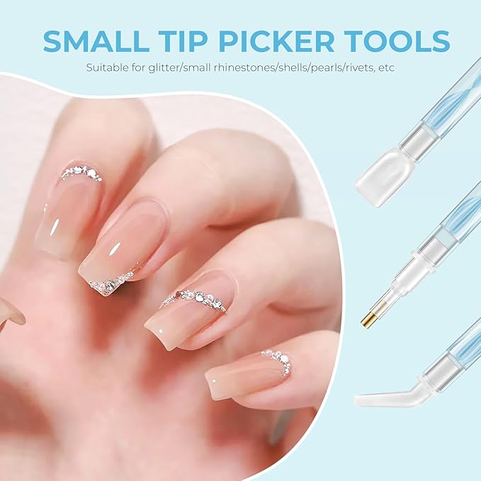 Rhinestone Picker Tool Kit: 2Pcs Rhinestone Picker Handle, Dual-Ended Rhinestones Applicator Dotting Tools Pen with 12 Upgraded Plastic Replacement Tips, Clay for DIY Nail Art Craft (Blue)