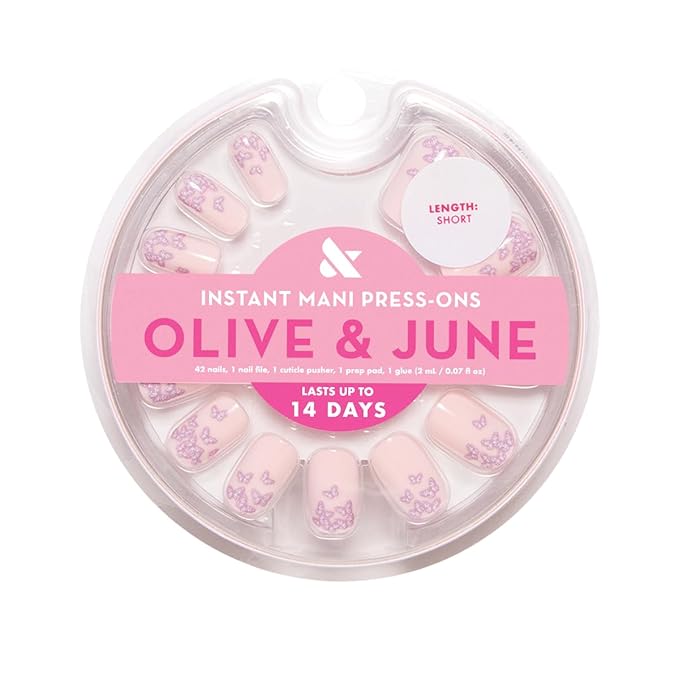 Olive & June Instant Mani Press-On Nails (Glue) | 42 Fake Nails, 21 Sizes | Non-Toxic, Long-Lasting Recycled Materials Realistic Look | Spring Flowers & Patterns | Short, Squoval | Butterfly Ombre