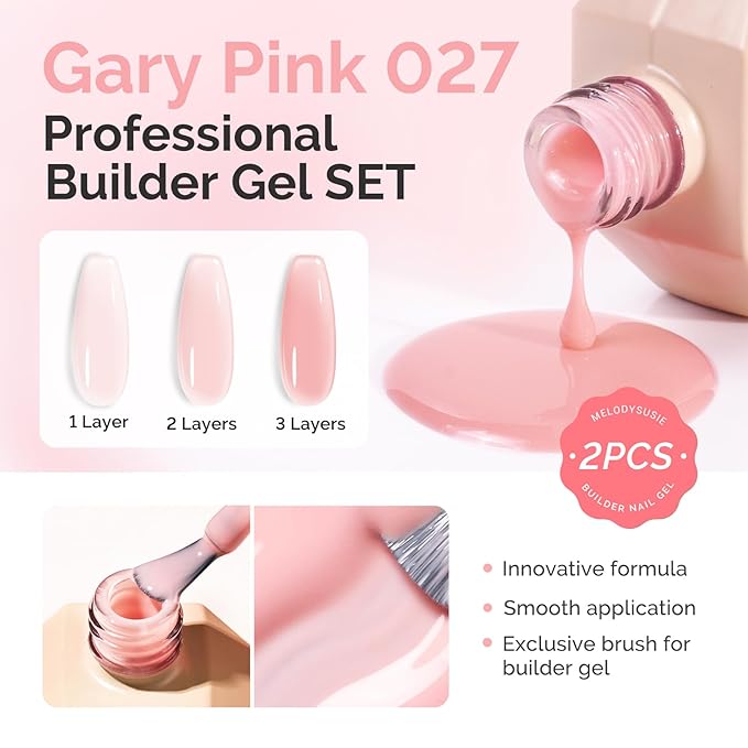 MelodySusie 2PCS 15ML Gray Pink Builder Nail Base Gel for Nails Thickening,Soak Off UV Extension Gel,Rhinestone Glue in a Bottle for Nail Art Design Gift for Women DIY Manicure at Home 027 * 2