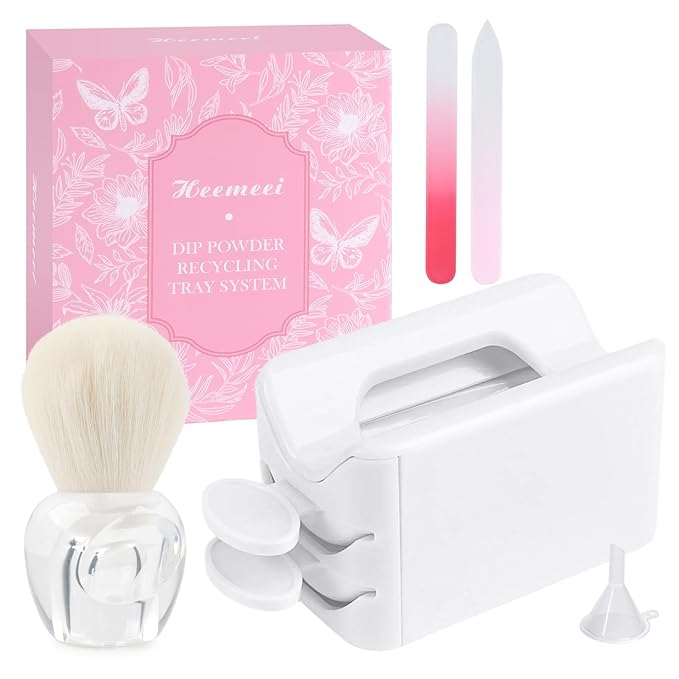 Dip Powder Recycling Tray System, Portable Nail Dip Powder Tray Kit with Nail Dust Brush, Glass Nail File, French Nail Art Manicure Essential Tool, Makeup Tool Glitter Saver(White)