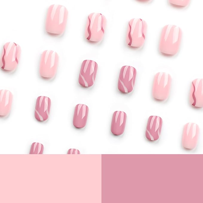Square Press On Nails - Pink False Nails with Line Design, Glossy Full Cover, Reusable Artificial Nails for Women's Manicure, 24 Pcs