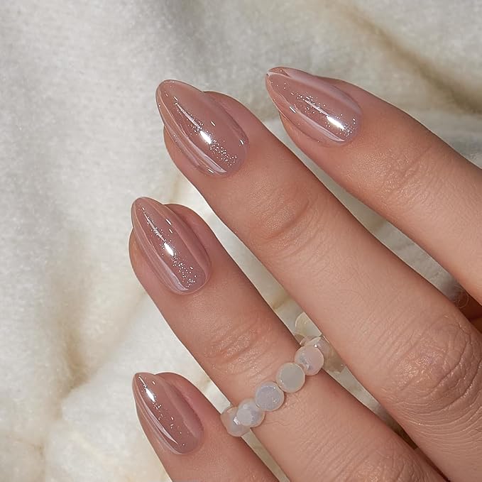 Curvlife Press On Nails Medium Almond Nude - Galaxy Cat Eye Press on Nails with Glue, Milky Tea Magnetic Glitter Glossy Fake Nails Long Lasting False Nail Tips for Women
