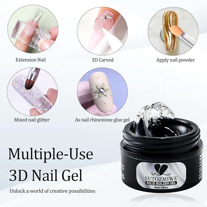 Solid Builder Nail Gel, Clear Sculpting Gel for Nail Art, Non-Sticky 3D Carving Modeling Hard Gels with Gold & Silver Chrome Nail Powder for DIY Salon Manicure at Home