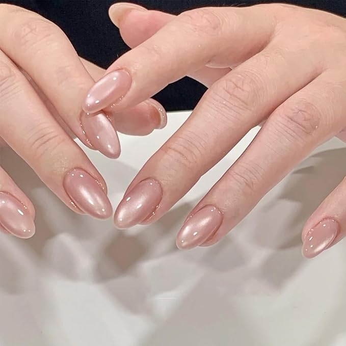 Nude Press on Nails Short Almond Fake Nails Cute Cat Eye False Nails Press ons with Design Chrome for Women Manicure,Glossy Finish | Reusable | Nail Kit with Jelly Adhesive Tabs | 24 Pcs