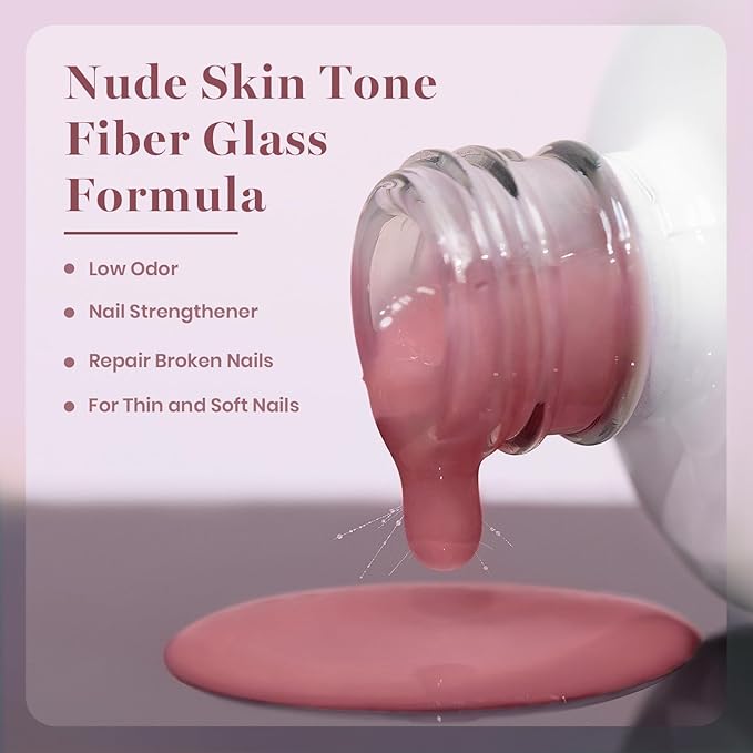 RARJSM Rosy Pink Fiber Glass Rubber Base Nude Sheer Jelly Glassy Amber Gel Nail Polish for Repair Broken Nails Strengthener Base Color Brush on Building Gel in a Bottle Curing Requires 15ml