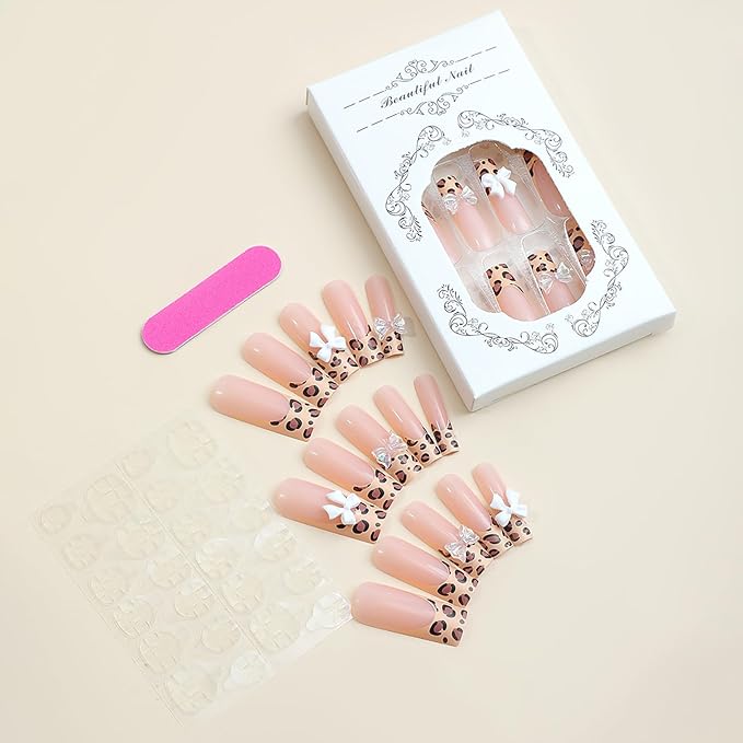 24 Pcs French Press on Nails Long RTKHFZE Square Nude Fake Nails with Leopard Designs False Nails Bow Charms Full Cover Artificial Nails Stick on Nail for Women Girls
