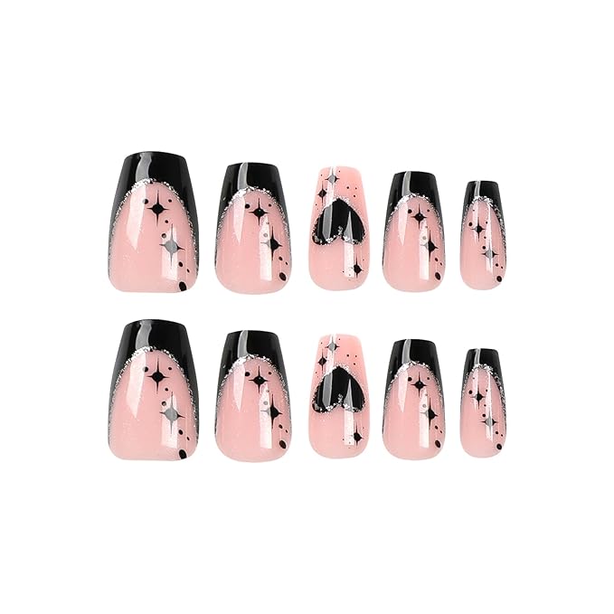 Medium Press on Nails Coffin - Black French Tip Fake Nails with Heart Star Design - Glitter Glossy Full Cover Stick on False Nails - for Women 24 Pcs