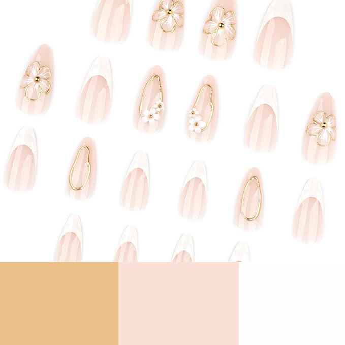 Almond Press on Nails Medium - White French Tip Fake Nails with 3D Gold Stripes Floral Charms Design - Elegant Full Cover Stick on Nails for Women 24 Pcs