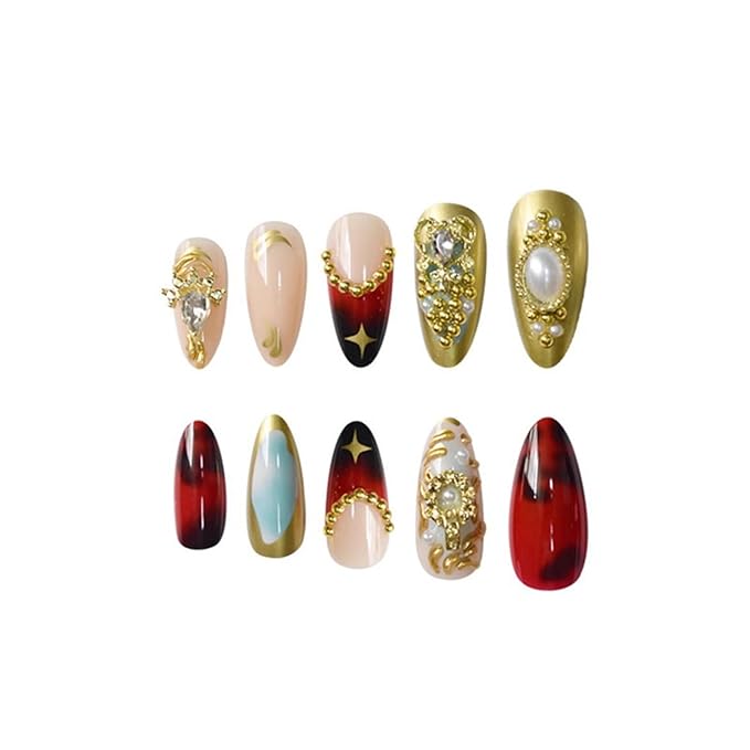 Almond Press on Nails Medium Fake Nails Gold Artificial Nail with Rhinestones and Gold Charm Designs French Tip Sparkly Stick on Nail for Women 24pcs