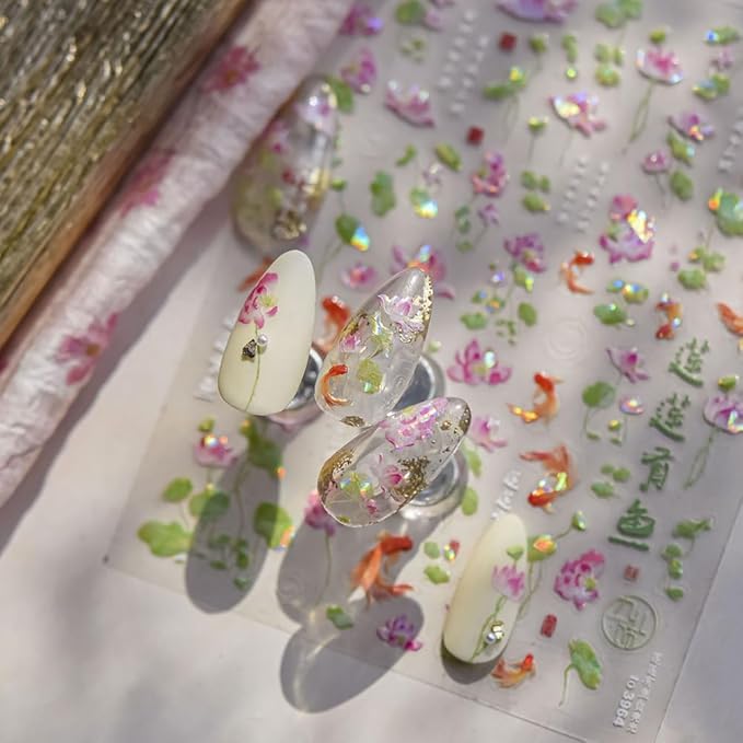 2Sheets Holographic Koi Fish and Lotus Flower Nail Art Stickers, Clear Transparent Design, Iridescent Effect