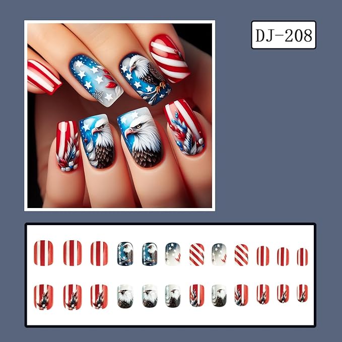 Short Press on Nails Square Owl Fake Nails Independence Day Nails Press ons Full Cover Glossy Stick on Nails with Stripe Designs Independence Day Glue on Nails for Women 24Pcs