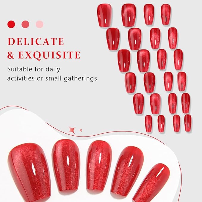 evpct Red Cat Eye Press on Nails Square Medium Coffin, Medium Square Stick on Nails for Women Gift, Red Metallic Glitter Glossy Reusable Spring Summer Soft Gel Press on Acrylic Fake Nail with Designs