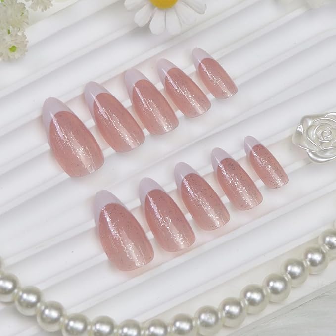 Almond Press on Nails Medium Fake Nails with Glitter Designs White French Tip Nails Press ons Winter Acrylic Nails for Women 24 Pcs