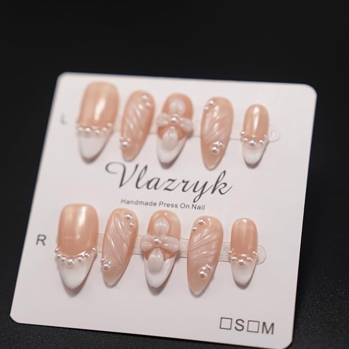 Handmade Press On Nails – Short Almond False Nails for Women, Reusable Acrylic White French Tip with Pearl & 3D Flowers Design – Salon Quality Fake Nails (10PCS）