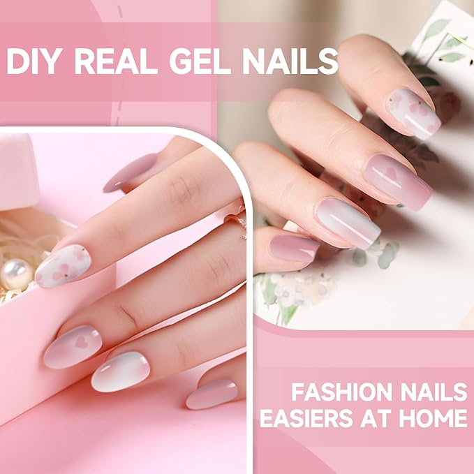 Semi Cured Gel Nail Strips,28 Pcs Flowers Gel Nail Stickers Wraps,Long Lasting Polish Strips with UV Light Requried, Easy to Apply (Pink Love)