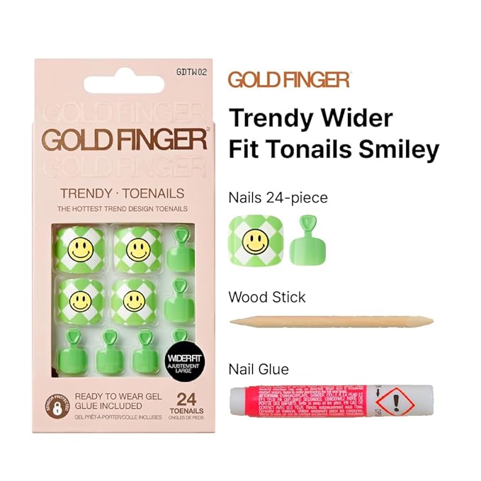 GoldFinger Trendy Press On Fake Toenail Kit Wider Fit, Smile Face Graffiti Print & Green Color, Ready to Wear Gel & Manicure Stick, Mini Glue included, Long-Lasting Convenient & Easy to Apply
