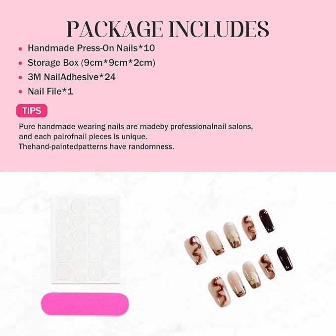 Medium Press on Nails Square Luxury Handmade Fake Nails Brown French Tip Acrylic Nails Press ons with Design False Nails Sparkly Full Cover Artificial Stick on Nail for Women 10Pcs(Size M)