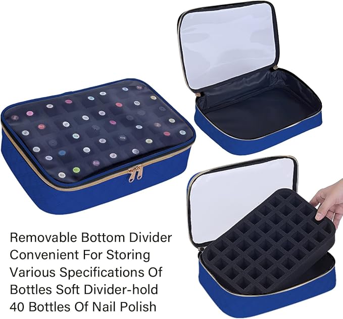 Nail Polish Bag organizer-Holds 40 bottles(15ml-0.5fl.oz)，Nail Polish Carrying Case Clear Multifunctional Cosmetic Travel Cases Makeup Bags DarkBlue