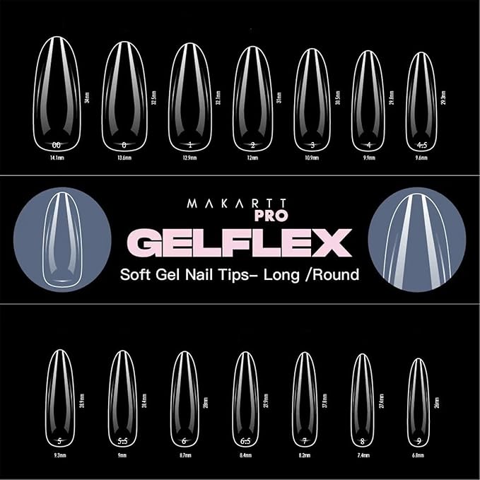 MakarttPro GelFlex Soft Gel Tips 500pc Box – Long Round Shape – 14 Sizes 00–9 – Clear Soft Gel Extensions – Easy to Apply, Lightweight, Professional Salon Quality