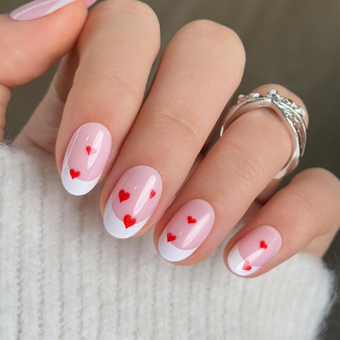 CurvLife Short Oval Press on Nails, Pink Heart French Tip Fake Nails, Reusable Soft Gel Glue-on Nails with Adhesive Tabs, Salon Quality for Women Girls
