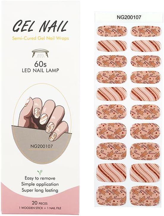 20pcs Christmas Semi Cured Gel Nail Strips - Salon-Grade DIY Wraps with Glaze Texture, Easy Application, UV Light Required for Festive Nails(Warm Toned Gingerbread Candy Nail)