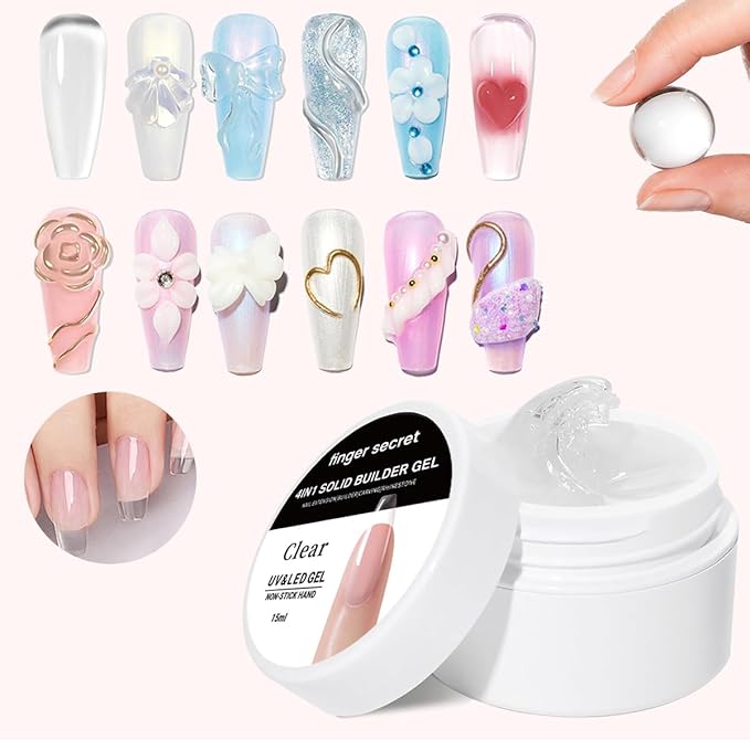 Clear Solid Builder Gel Set, Nail Extension Gel with Nail Art Tools, DIY Non Stick to Hand for Long Lasting Manicures Poly Gels