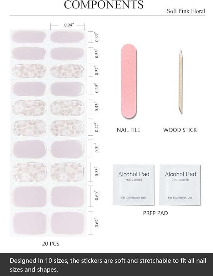 Semi Cured Gel Nail Strips (Soft Pink Floral), 20 Pcs Flower Gel Nail Wraps, Stickers, UV Light Required, Salon Quality, Long Lasting
