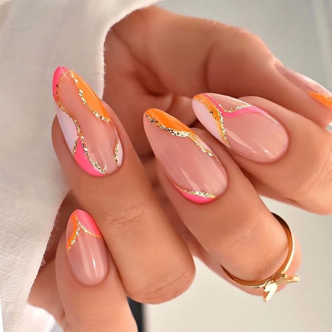 Orange Press on Nails Medium Almond Fake Nails Press ons with Design Gold Glitter Swirl Wave Acrylic False Nails Glue on Nails Artificial Glossy Stick on Nail for Women Girls Manicure Decoration 24Pcs
