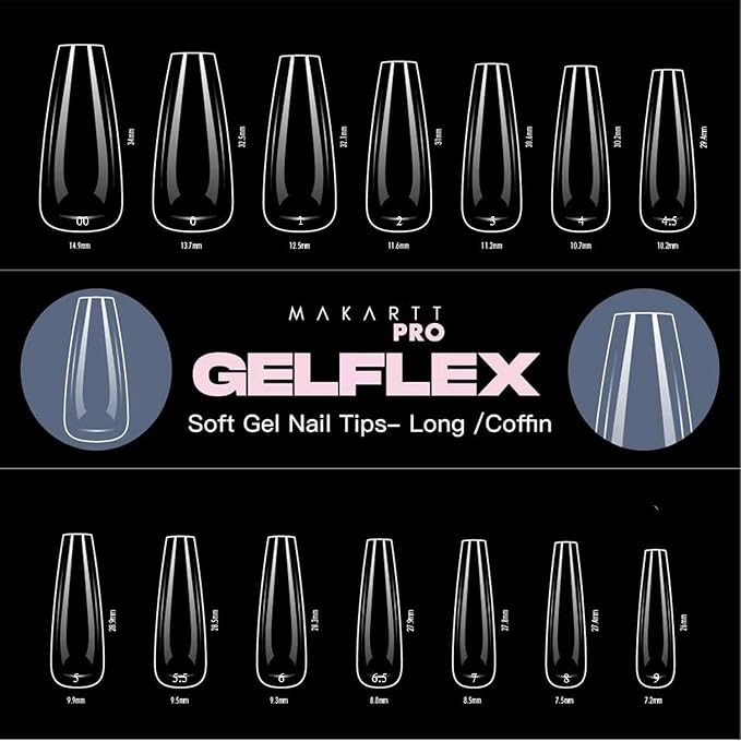 MakarttPro GelFlex Soft Gel Tips 500pc Box – Long Coffin Shape – 14 Sizes 00–9 – Clear Soft Gel Extensions – Easy to Apply, Lightweight, Professional Salon Quality