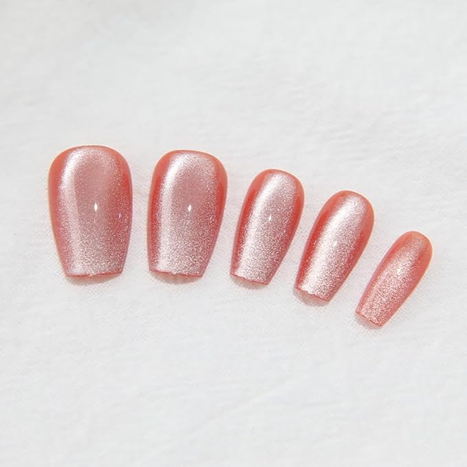Red Coffin Press On Nails Medium, Cat Eye Press On Nails with Crystal Glow Design, Fashion Gel Fake Nails, Reusable Acrylic Fake Nails, Stick On Nails for Women, Tropical Blush
