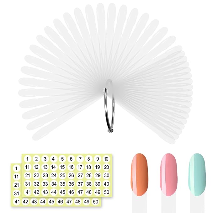 SIUSIO 50 Pcs Oval Nail Swatch Sticks with Metal Split Ring and Numbered Tips - Clear Fan-shaped Color Display for Nail Art Polish Practice