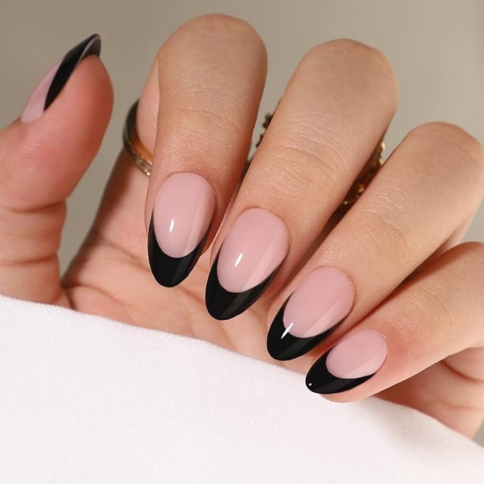 French Tip Press On Nails Almond Short Fake Nails with glue, Soft Gel Black French Tip Press on Gel Nail, Reusable Stick On Nail in 16 Sizes - Glue On Nails 32 Pcs