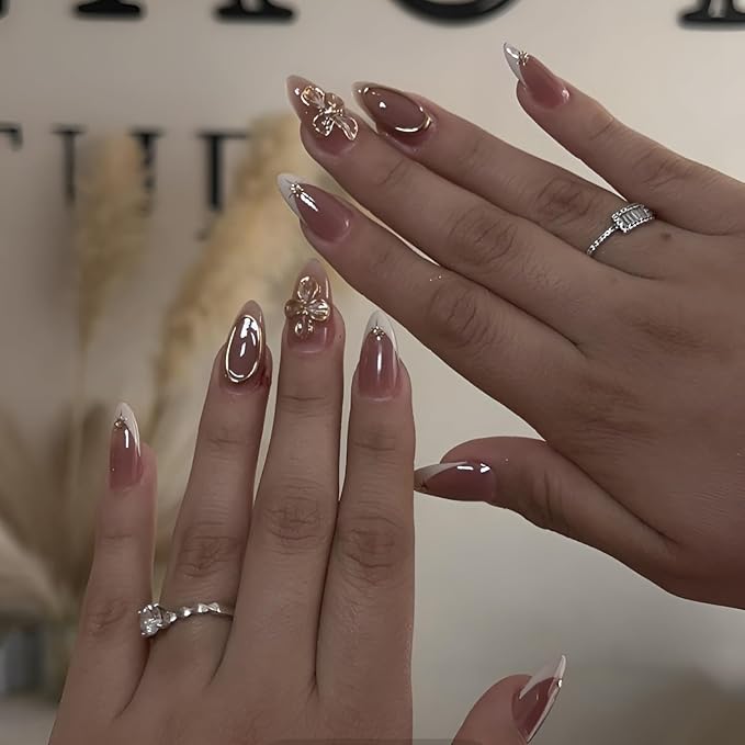 White French Tip Fake Nails Medium Almond Press on Nails Gold Flower Nails Press Ons Glossy Full Cover Glue on Nail Star False Nails Acrylic Stick on Nail for Women Decorations Set 24Pcs