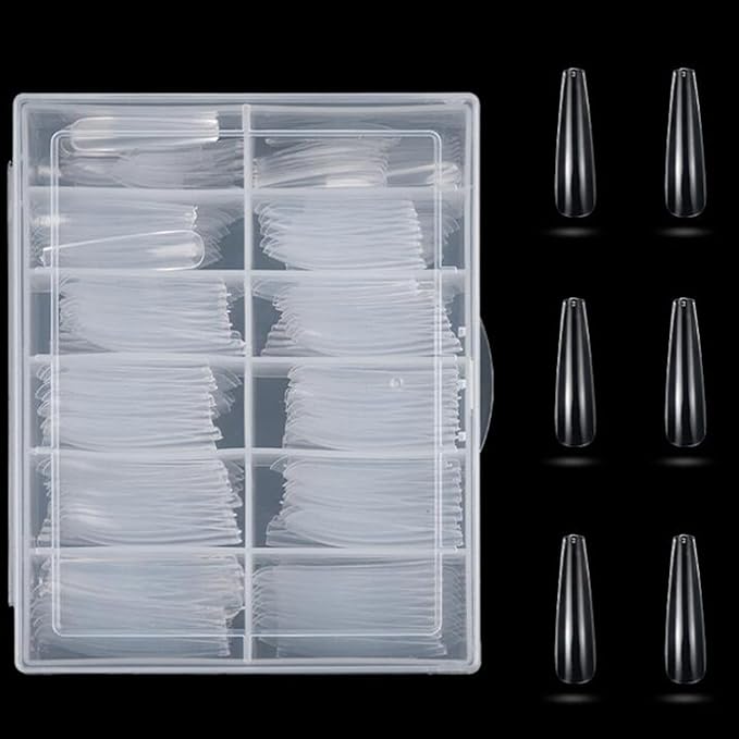 LoveOurHome XL Coffin Acrylic Nail Tips, 240pc Ballerina Shaped, Full Cover Artificial Fingernails, ABS Material, 12 Sizes for Women & Girls Nail Extension
