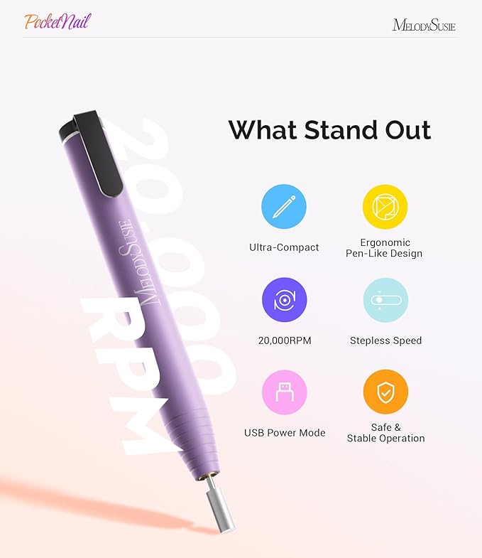 MelodySusie PocketNail Slim Ergonomic Pen-Shaped USB Nail Drill, PC100G 20000RPM Portable Electric File for All Manicure, Pedicure Nail Care, Shaping & Gel Removal at Home for Beginners