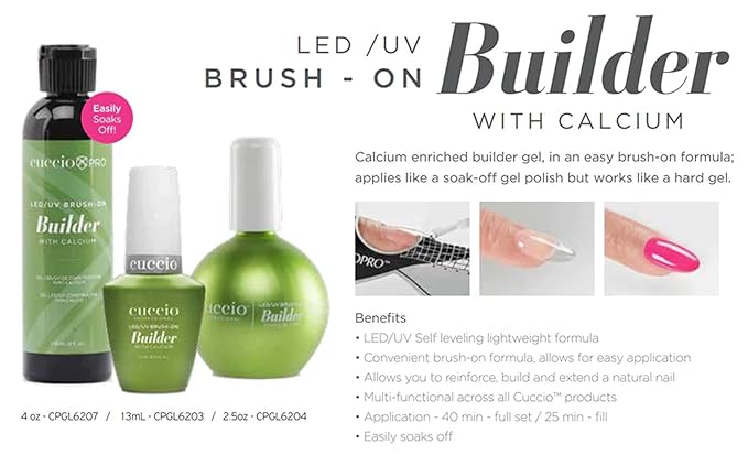 Cuccio Pro Brush-On Builder Gel with Calcium – LED and UV Self-Leveling Formula – Soak-Off Gel with Hard Strength – Chip-Resistant Clear Finish – 4 oz