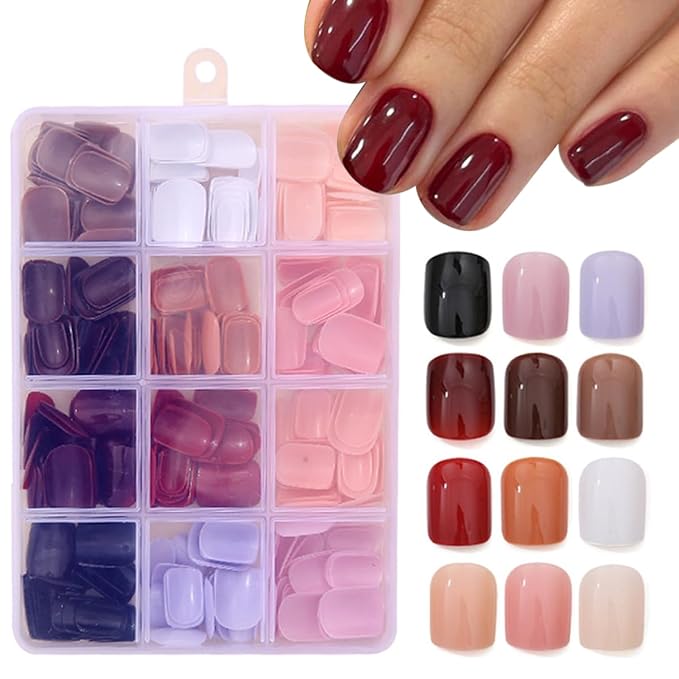 288 Pcs Press On Nails Short Square Fake Nails Press Ons Set Solid Color False Nails Full Cover Acrylic Glue on Nails Reusable Glossy Artificial Nail Kit for Women Girls Manicure 12 Color