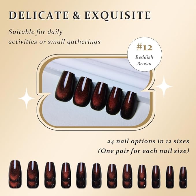 evpct Reddish Brown Cat Eye Coffin Press on Nails Square Medium, Medium Square Stick on Nails for Women Gift, Wine Red Metallic Glitter Glossy Reusable Spring Summer Gel Press on Acrylic Fake Nail