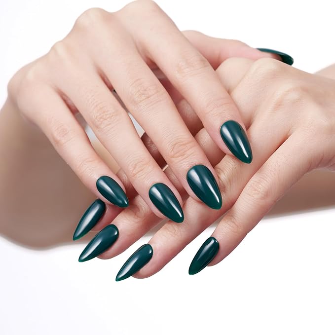 GLAMERMAID Dark Green Press on Nails Medium Almond, Holly Gel False Nail, Atrovirens Gloss Natural Stiletto Glue on Nails Kit for Women, Reusable Short Oval Stick on Acrylic Fake Nails Manicure Set
