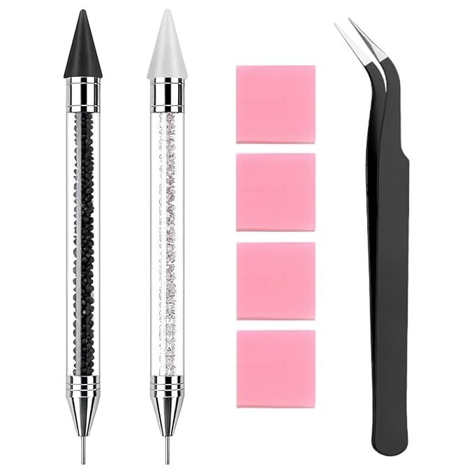 2 Pack Rhinestone Picker Tool Dotting Pen with Tweezer, Wax Pencil for Rhinestones, Gem Picker Pen Diamond Jewel Applicator, Rhinestone Tools Kit for Bedazzling DIY Nail Art