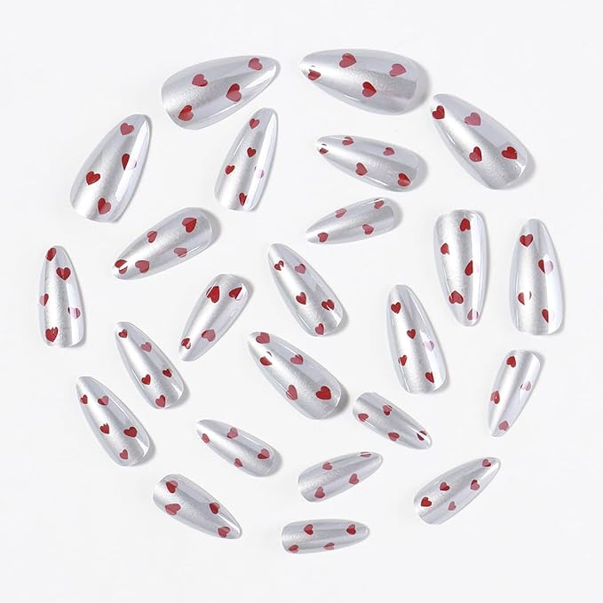 24Pcs Red Heart Press on Nails Medium Almond Fake Nails Mirror Chrome Full Cover False Nails Silver Acrylic Nails Valentines Glue on Nails Reusable Cute Artificial Nails for Women DIY Manicure