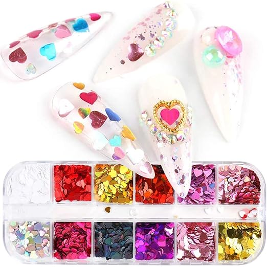 12 Colors Heart Holographic Nail Glitter Sequin Accessories Colorful 3D Nail Flakes Powder UV Gel Polish Acrylic Design for Women Girls Manicure Tips False Nails Supplies Kit Decorations