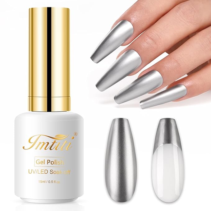 Imtiti Chrome Gel Nail Polish, 15ML Silver Metallic Gel Nail Polish with Metal Mirror Effect - Soak Off UV LED DIY Nail Art Salon Manicure