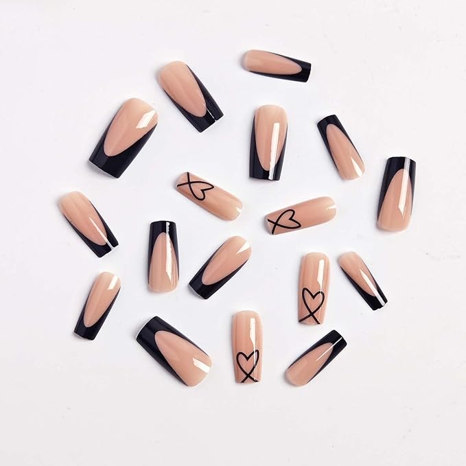 Black French Tip Press on Nails Coffin - Medium Fake Nails with Heart Design - Glossy Full Cover Stick on Press ons for Women Manicure Kit 24 Pcs