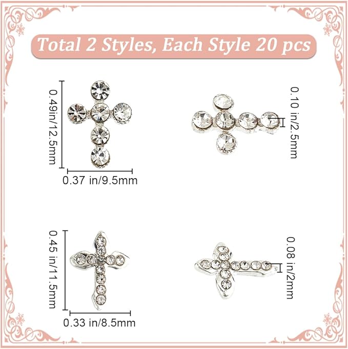 CRASPIRE 40Pcs Cross Nail Charms 3D Y2K 2 Styles Metal Alloy Rhinestone Flat Luxury Nail Gems Set Gothic Vintage Punk Studs Decor for Women Nail Art Crafts DIY Jewelry Christmas Decorations Cellphone